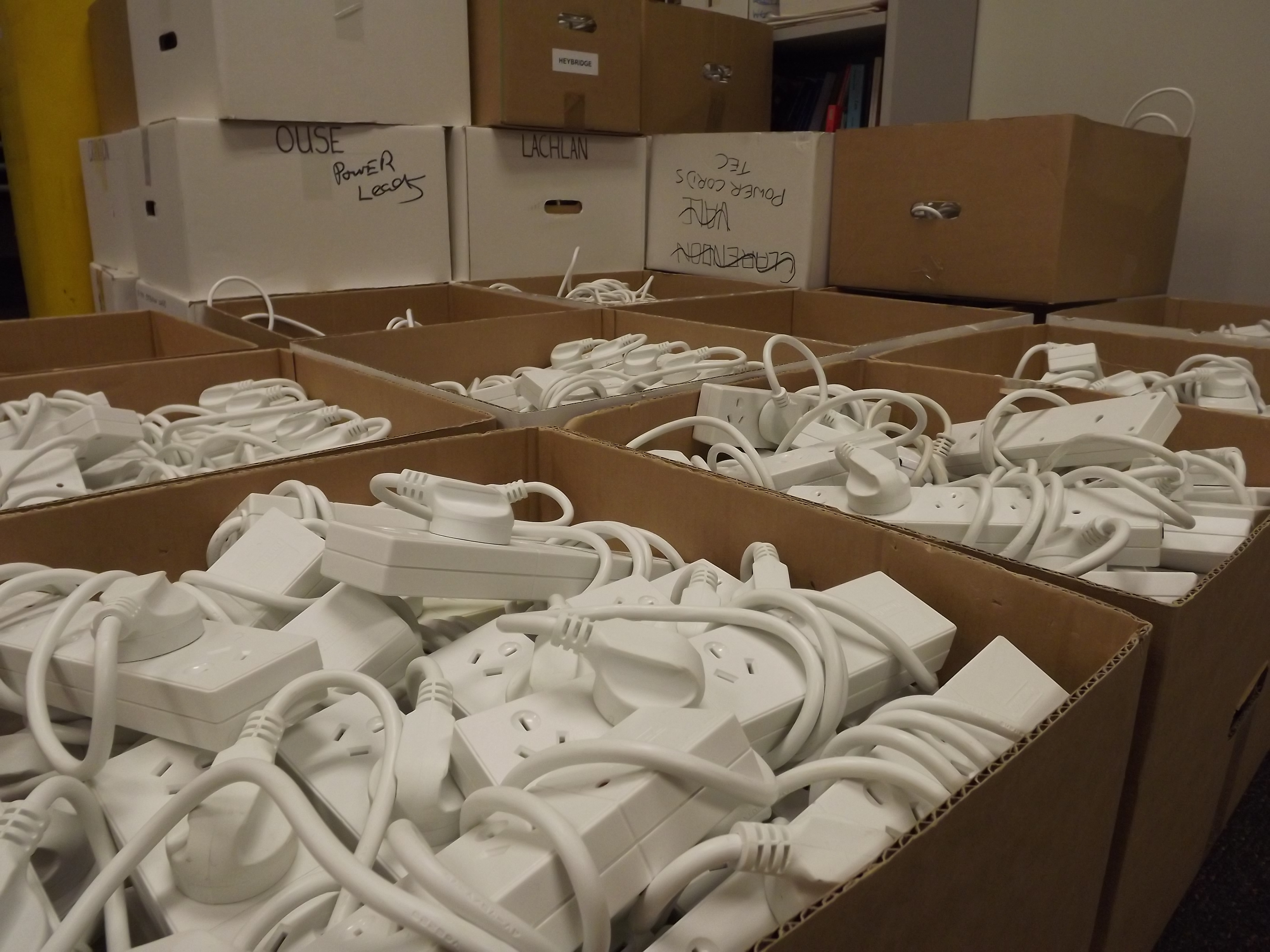 Boxes full of power boards returned from polling places