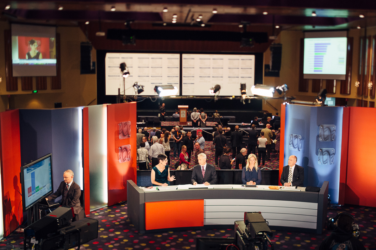 The ABC news set at the tally room with election results projected onto the screens in the background