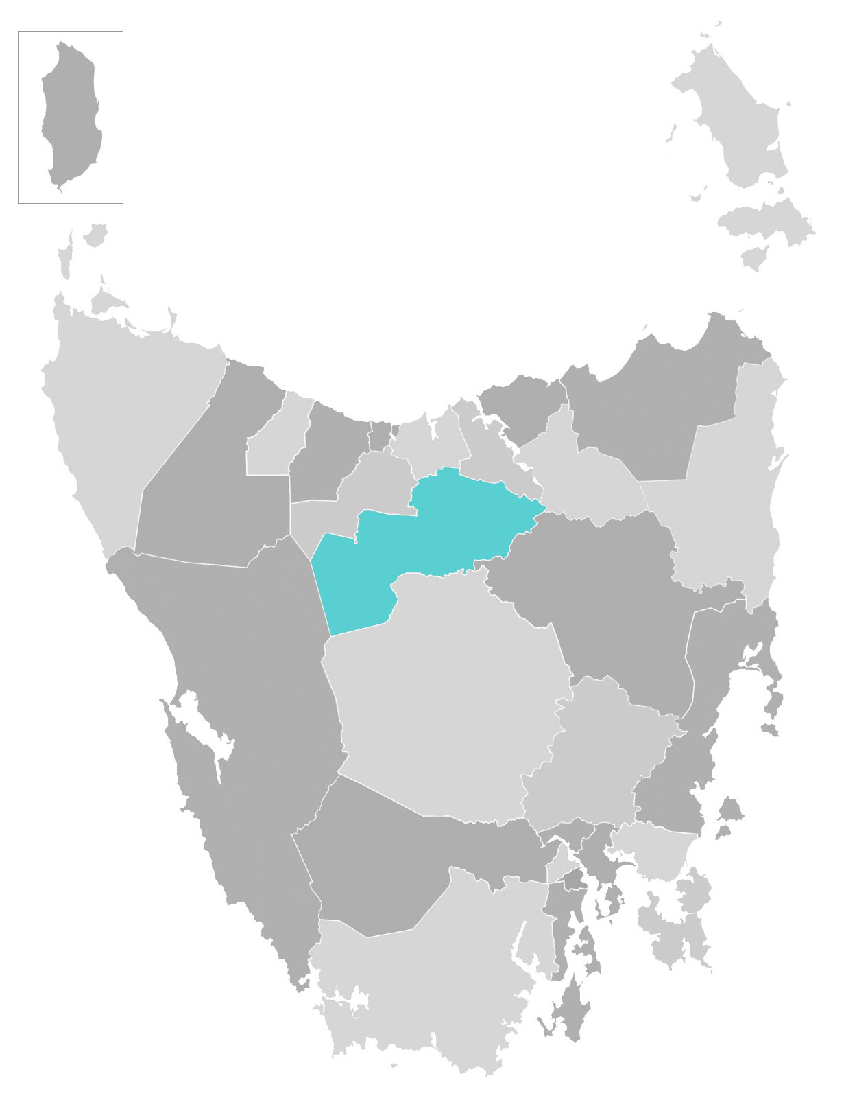 Map of Tasmania with Meander Valley municipal area highlighted