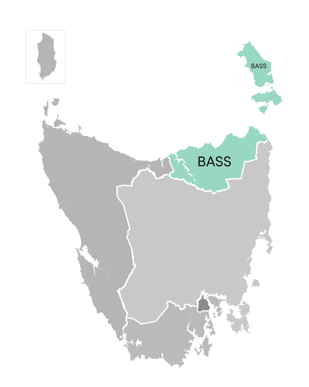 Bass division highlighted on illustrated map of Tasmania