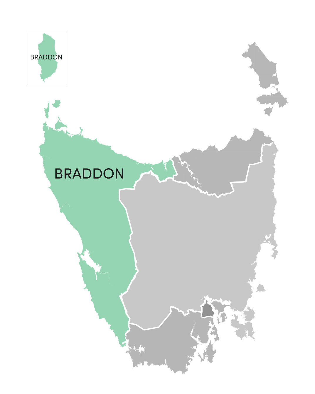 Braddon division highlighted on illustrated map of Tasmania