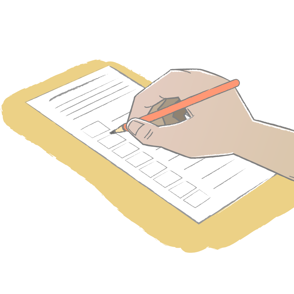 illustration of a hand holding a pencil in process of voting on a ballot paper