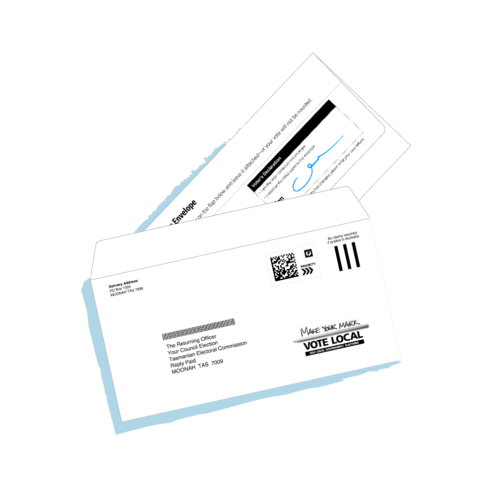 illustration of a ballot paper envelope being placed inside a postal return envelope