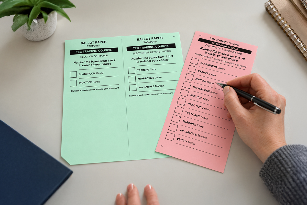 Top view of sample ballot papers on a table. A hand holding a pen is poised to start numbering candidate preferences.