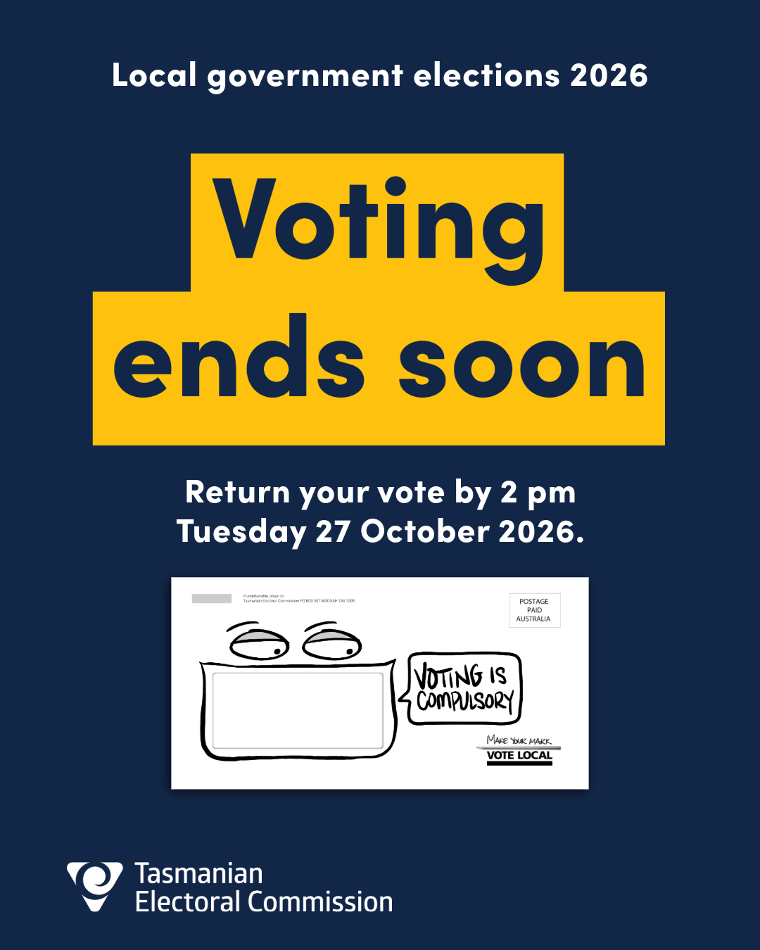 Local government election graphic advising that voting ends soon and promoting the close of polling at 2pm on 27 October.