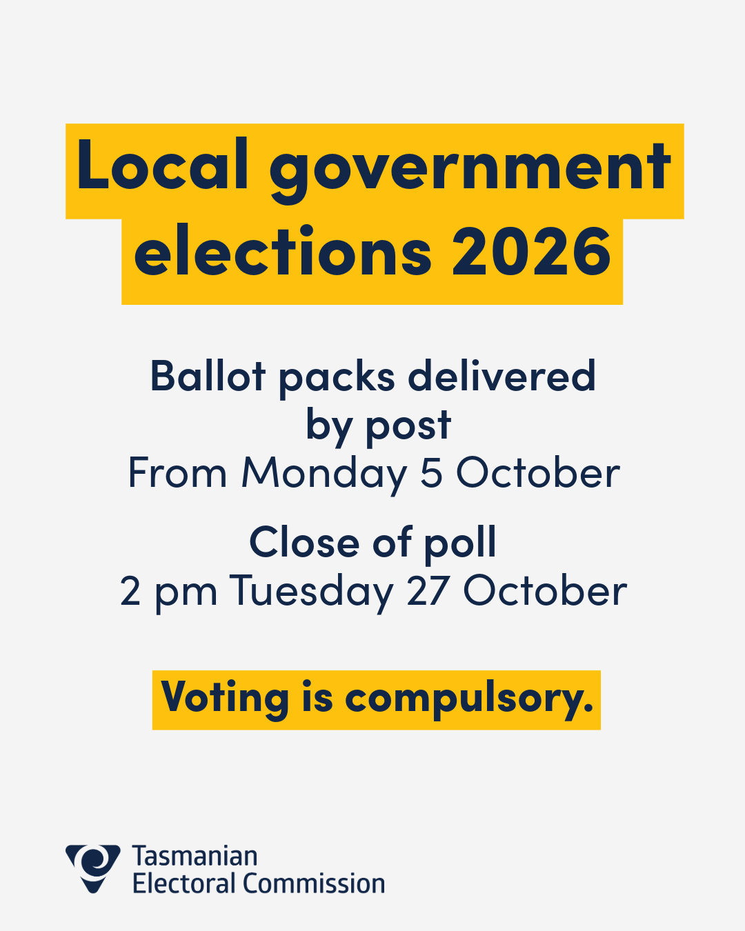 Local government election graphic advising key dates for the polling period: Ballot packs delivered from 5 October and close of poll at 2pm on Tuesday 27 October.