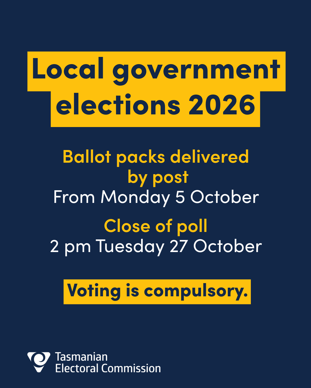 Local government election graphic advising key dates for the polling period: Ballot packs delivered from 5 October and close of poll at 2pm on Tuesday 27 October.