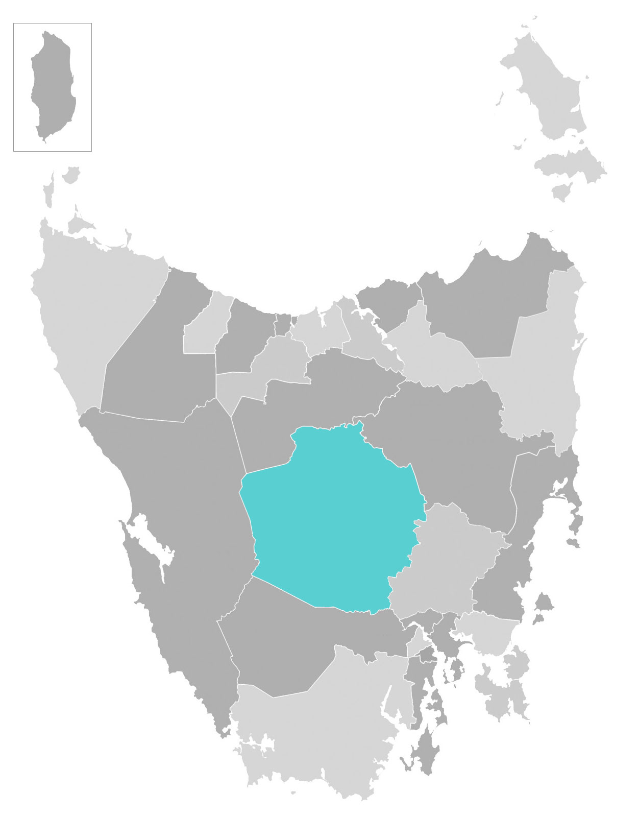 Map of Tasmania with Central Highlands municipal area highlighted