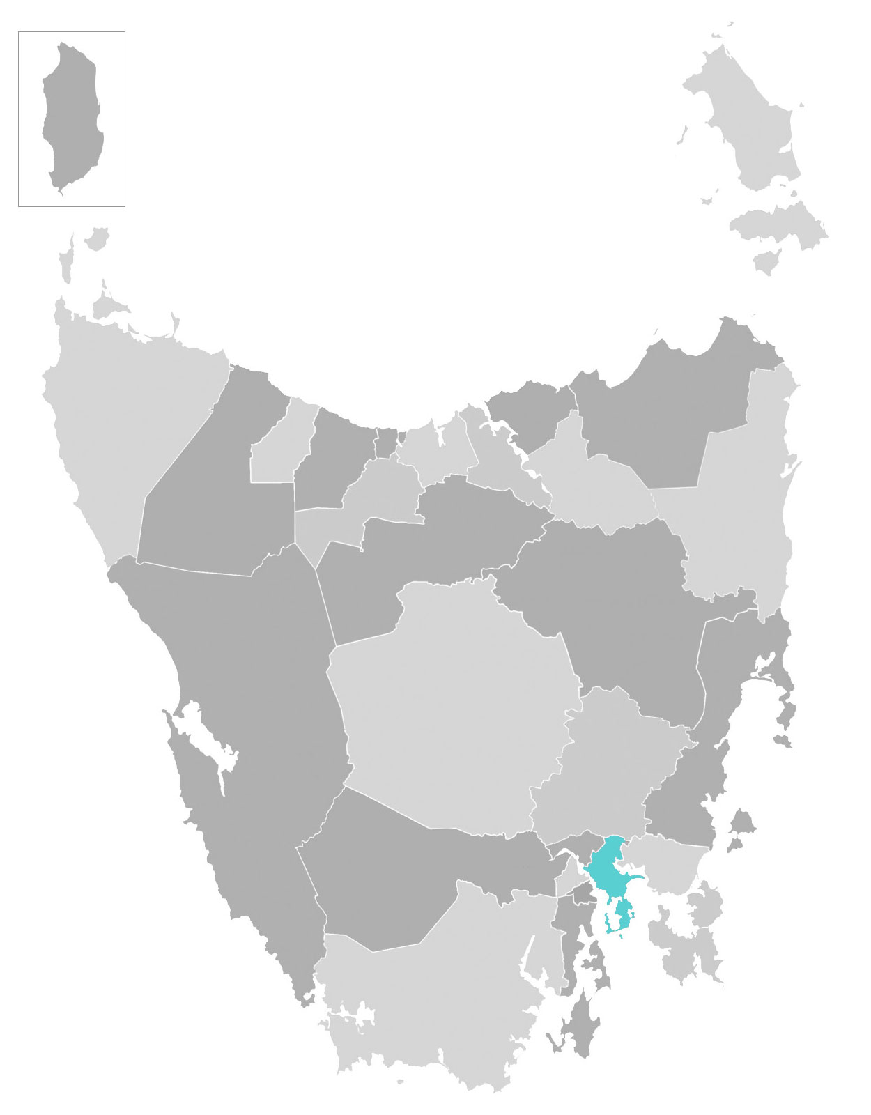 Map of Tasmania with Clarence City municipal area highlighted