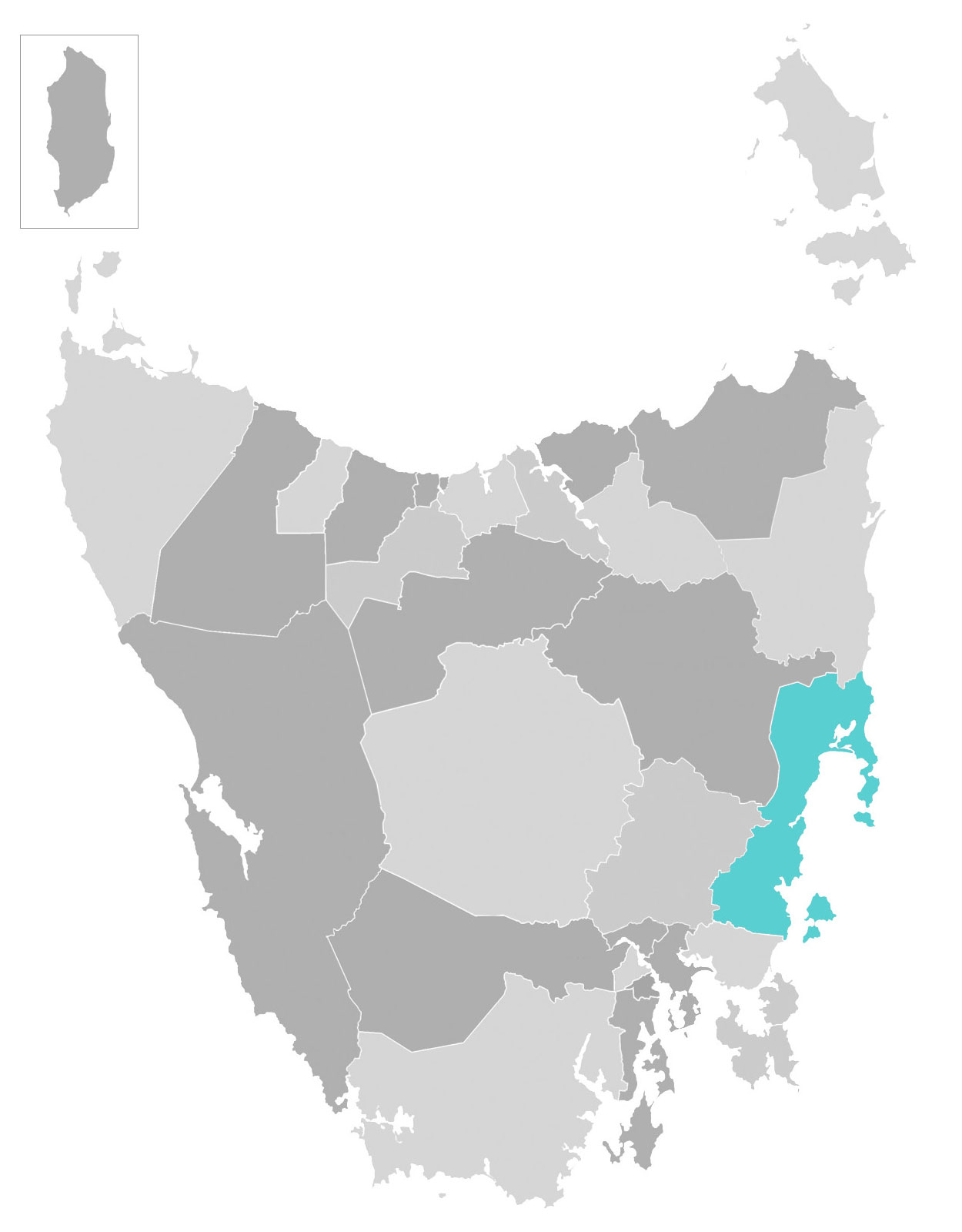 Map of Tasmania with Glamorgan-Spring Bay municipal area highlighted