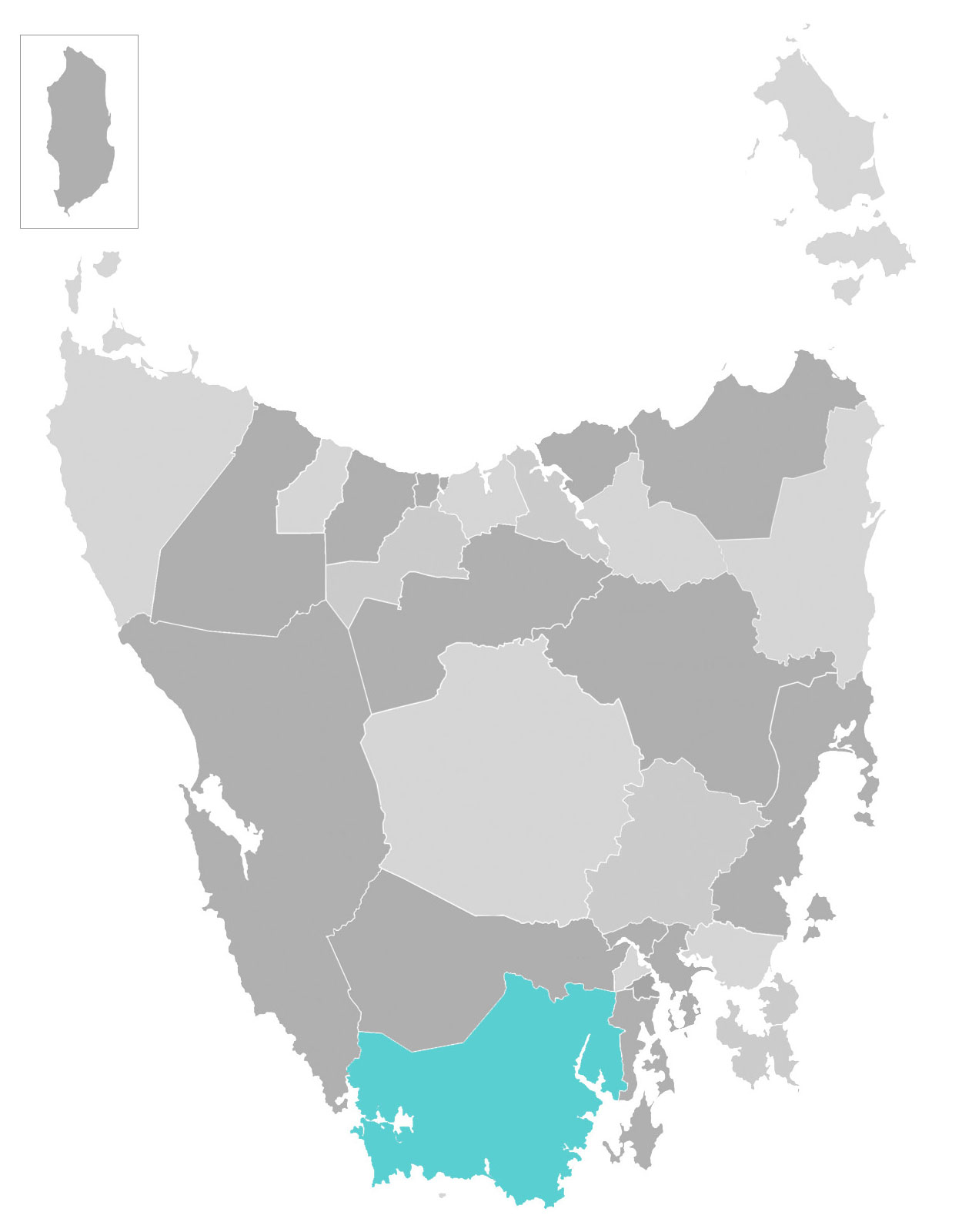 Map of Tasmania with Huon Valley municipal area highlighted
