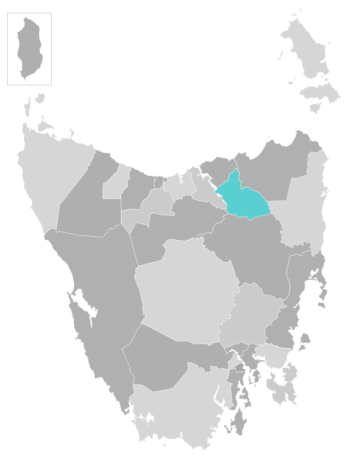 Map of Tasmania with Launceston City municipal area highlighted