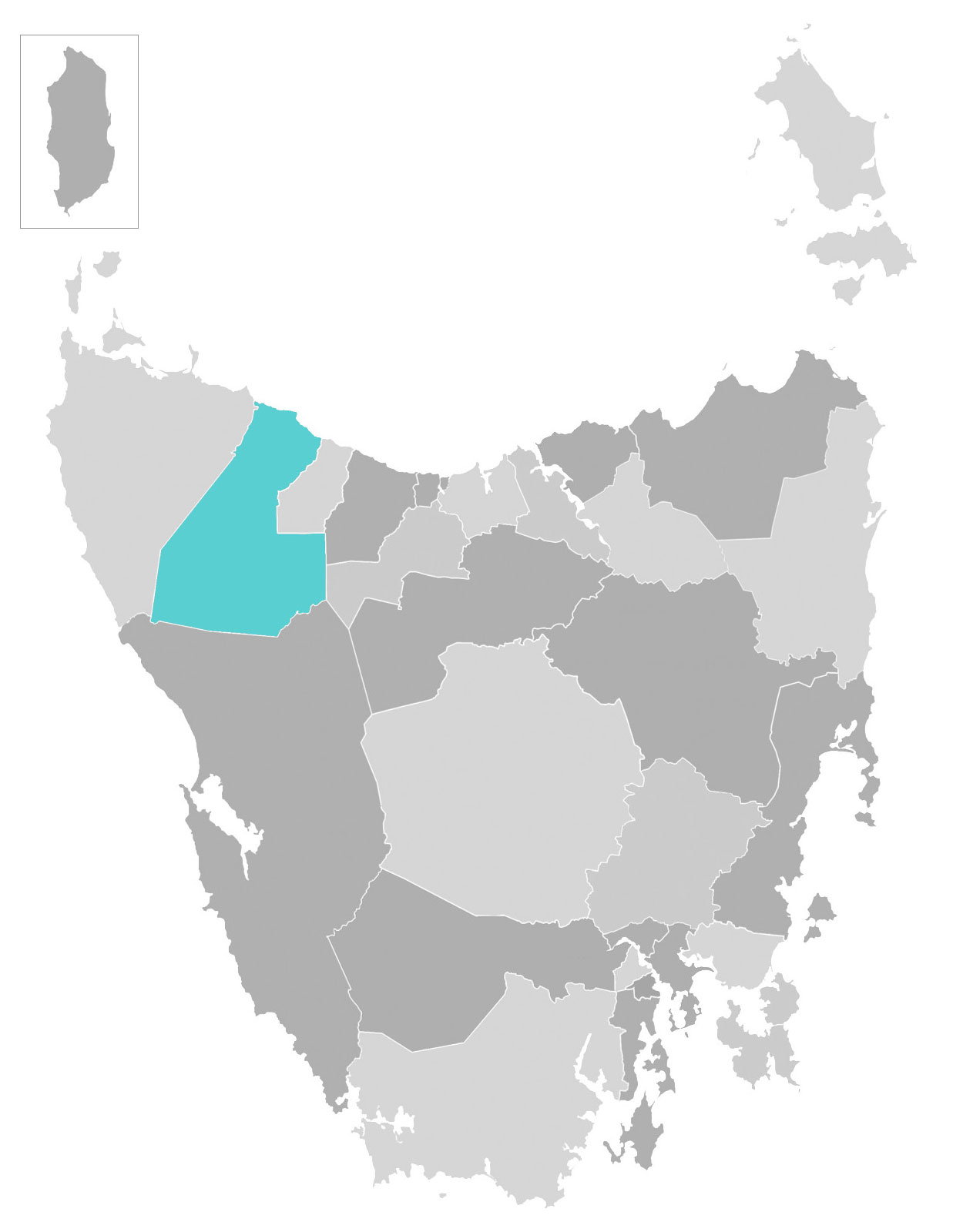 Map of Tasmania with Waratah-Wynyard municipal area highlighted