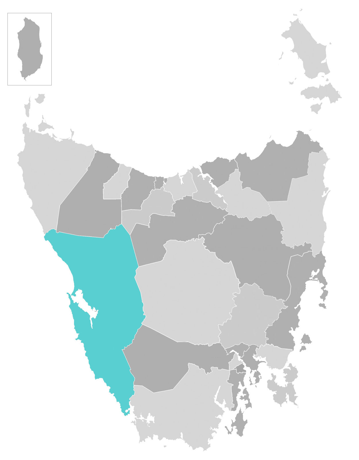 Map of Tasmania with West Coast municipal area highlighted