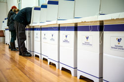 Row of voting screens occupied by some voters