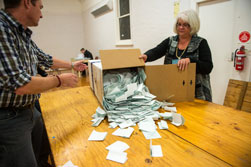 Officials emptying ballot papers from ballot box onto table